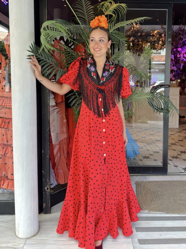 VESTIDO BATA MARISMA ROJO LUNAR NEGRO