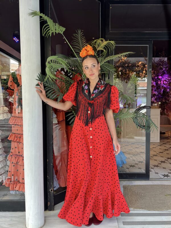 VESTIDO BATA MARISMA ROJO LUNAR NEGRO - Imagen 3